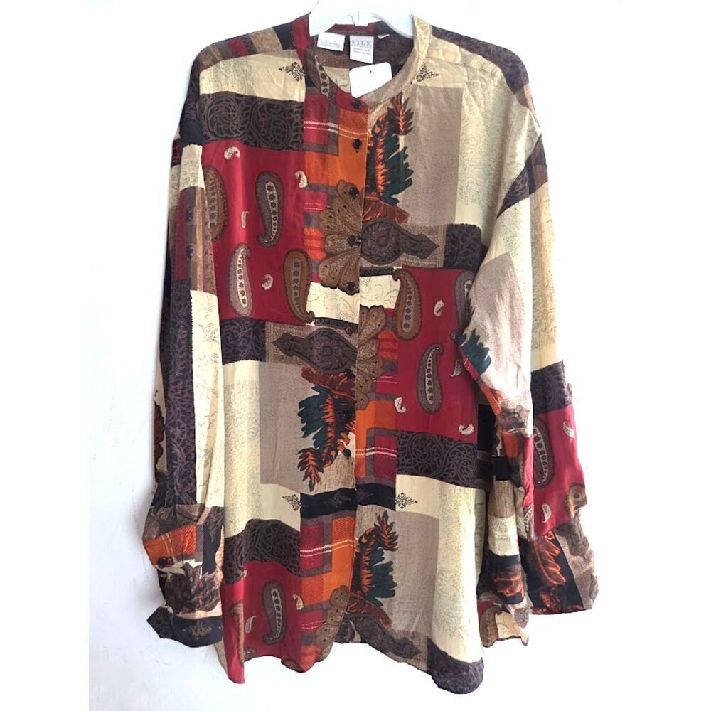 NWT Silks Collection Brown Red Beige Fall Tapestry 100% Silk Band Collar Top 2X